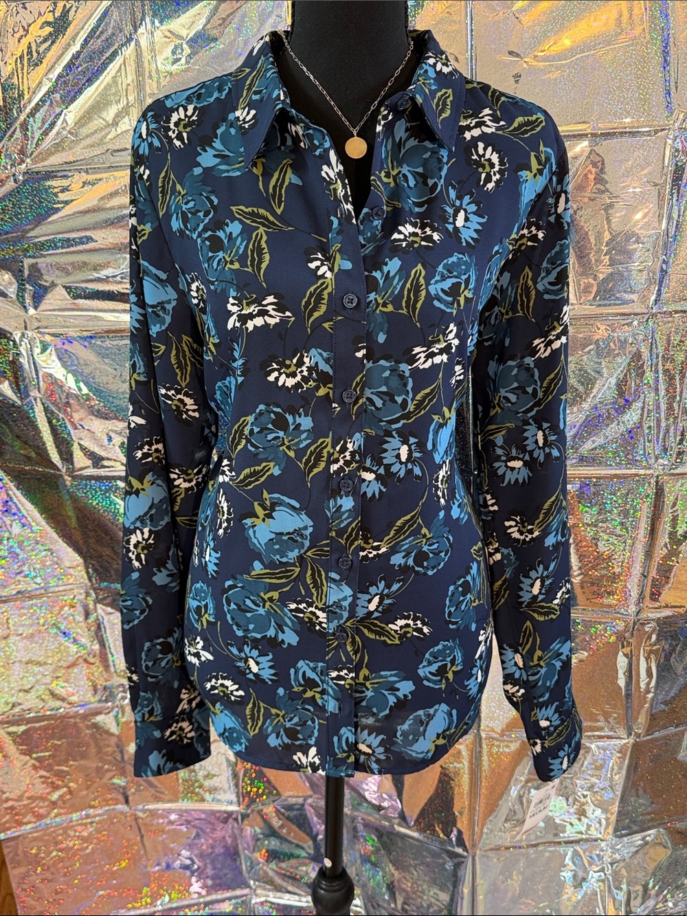 Navy Floral Button-Up Shirt with Blue Blooms
